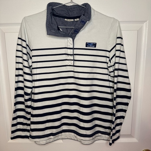 L.L. Bean Tops - L.L.Bean Striped Quarter Button Pullover Size Small White with Navy Stripes GUC